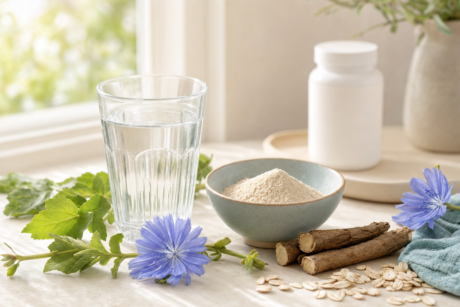 AFXMATE prebiotic fiber lifestyle — chicory, fiber powder, water