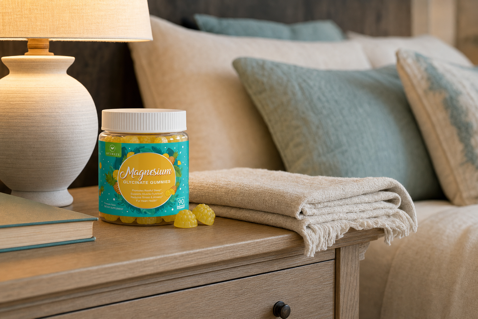 AFXMATE Magnesium gummies on a nightstand at bedtime