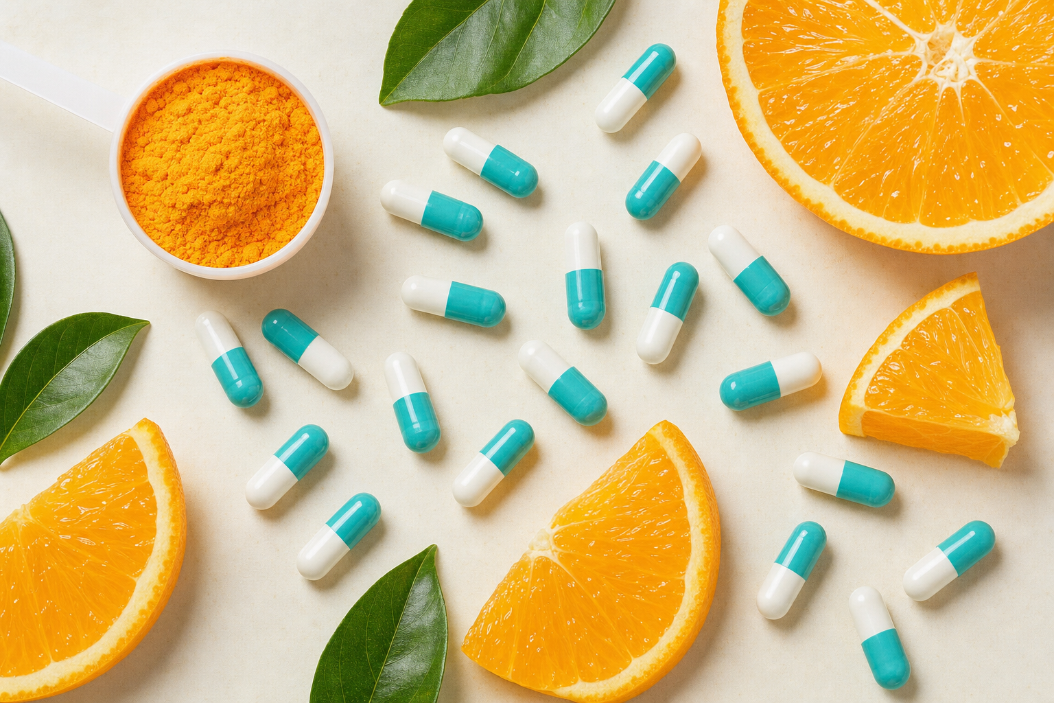 Vitamin C capsules powder and orange slices macro